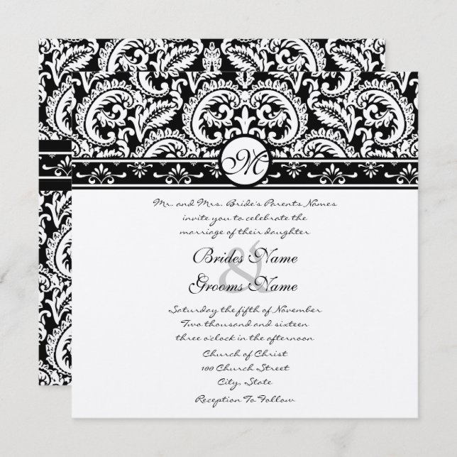 Black Damask Swirls Square Wedding Invitation (Front/Back)