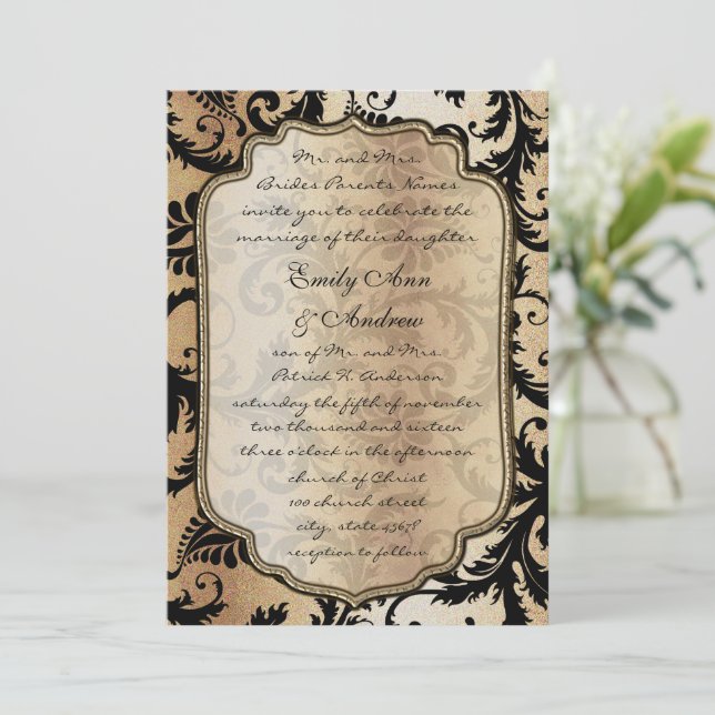 Black Damask Swirls Wedding Invitation (Standing Front)
