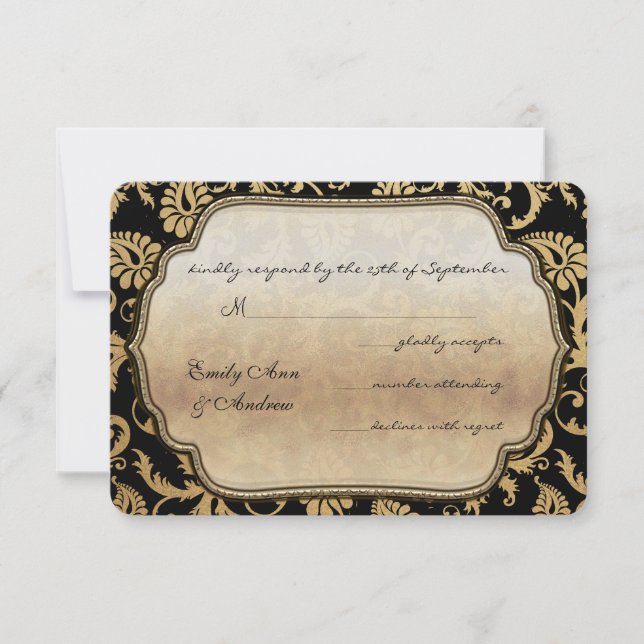 Black Damask Swirls Wedding RSVP (Front)