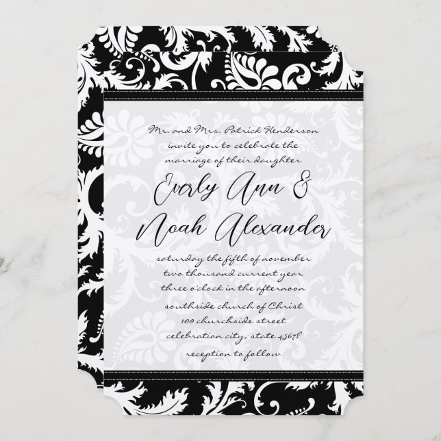 Black Damask Swirls with Dots Wedding Invitation (Front/Back)
