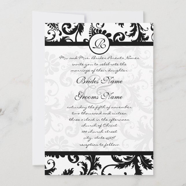 Black Damask Swirls with Dots Wedding Invitation (Front)