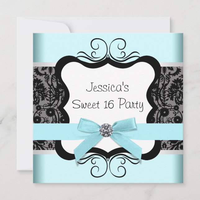 Black Damask Teal Black Sweet 16 Birthday Party Invitation (Front)