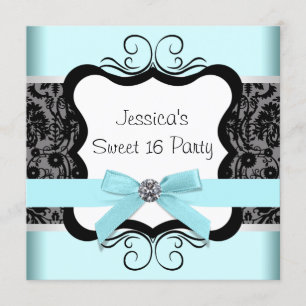 Black Damask Teal Black Sweet 16 Birthday Party Invitation