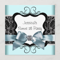Black Damask Teal Blue Black Sweet 16 Birthday Par