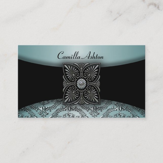 Black Damask Teal Blue Business Cards (Front)