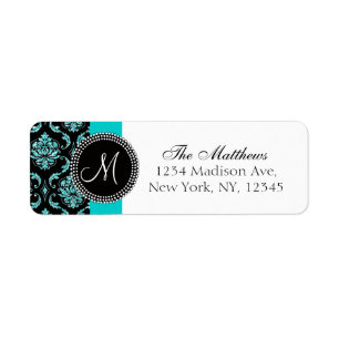 Black Damask Teal Glitter Printed Monogram Return Address Label