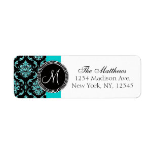 Black Damask Teal Glitter Printed Monogram Return Address Label