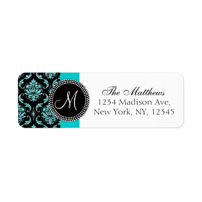 Black Damask Teal Glitter Printed Monogram Return Address Label (Front)
