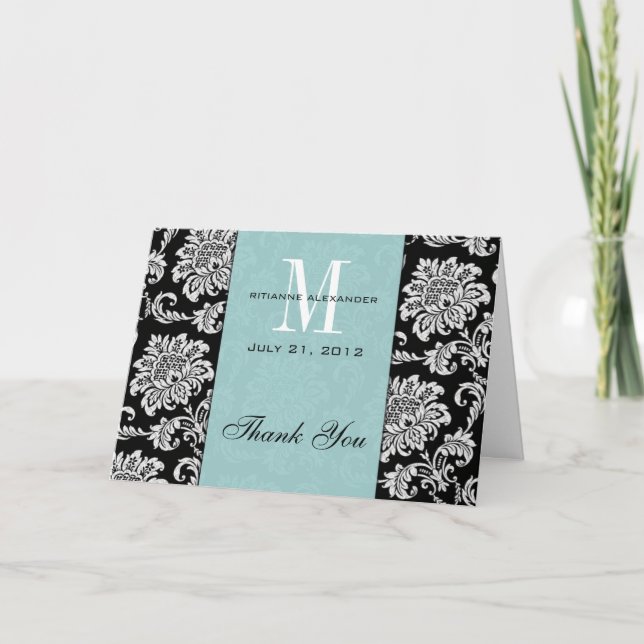 Black Damask Tiffany Monogram Wedding Thank You (Front)