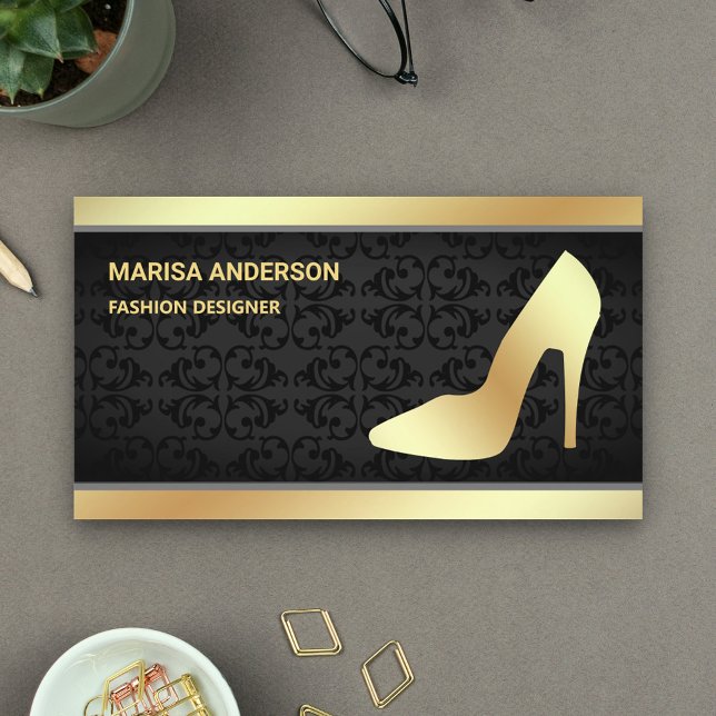 Black Damask Trendy Gold Foil High Heels Stilettos Business Card (Creator Uploaded)