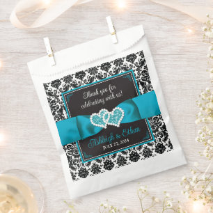 Black Damask, Tturquoise Love Hearts Wedding Favour Bag