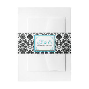 Black Damask, Turquoise Two Hearts, One Love Invitation Belly Band