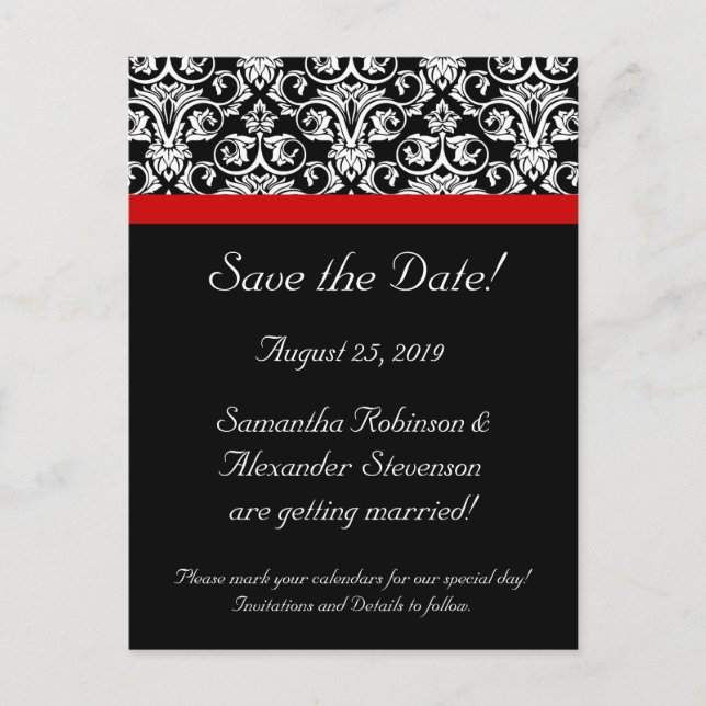 Black Damask w/Red Accent Save the Date Announcement Postcard (Front)