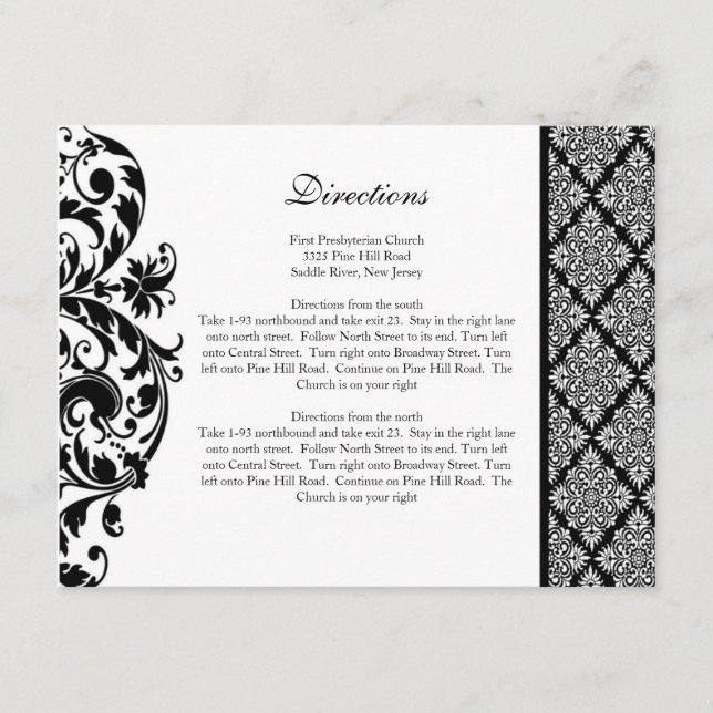 Black Damask Wedding Direction Card (Front)