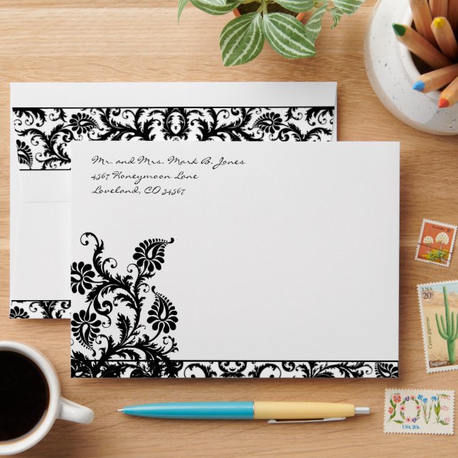 Black Damask Wedding Envelopes (Desk)