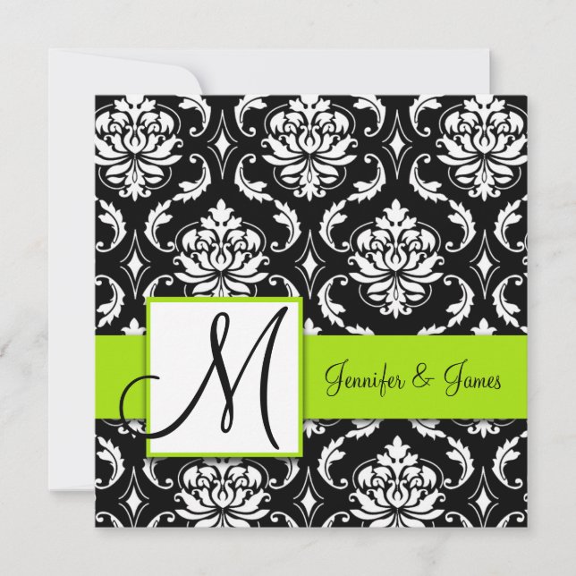 Black Damask Wedding Invitation | Lime Green (Front)