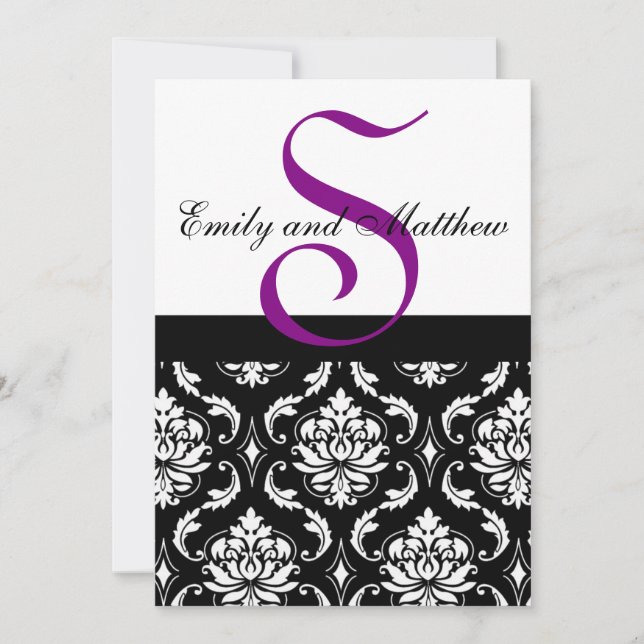 Black Damask Wedding Invitations Purple Monograms (Front)