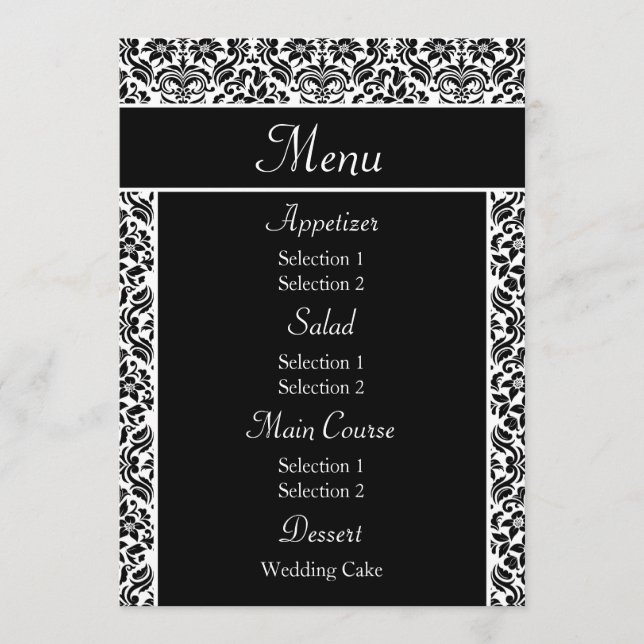 Black Damask Wedding Reception Dinner Menu (Front)