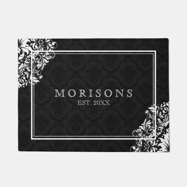 Black Damask White Floral Lace And Frame Doormat (Front)