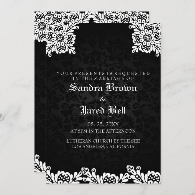 Black Damask White Lace Wedding Invitation (Front/Back)