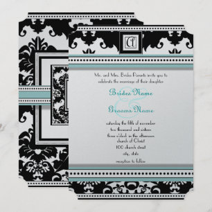 Black Damask with Aqua Trim Wedding Invitation