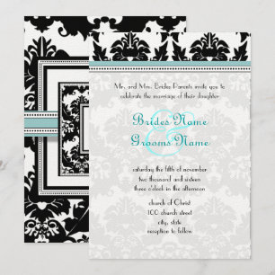 Black Damask with Aqua Trim Wedding Invitation