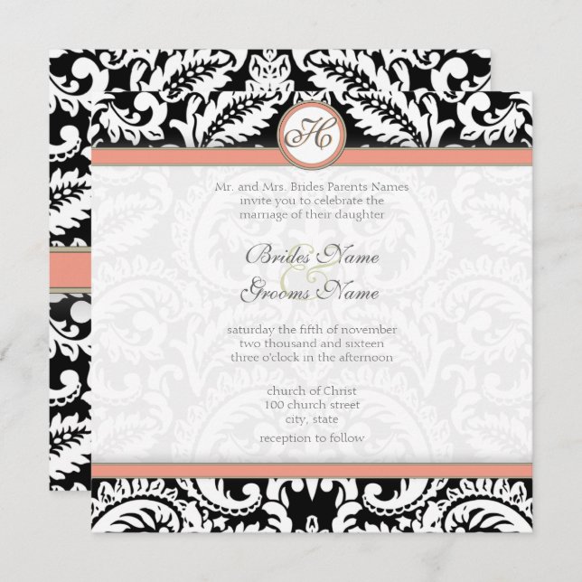 Black Damask with Coral & Grey Wedding Invitations (Front/Back)