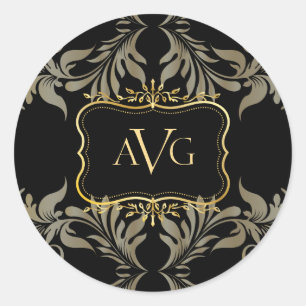 Black Damask with gold frame Classic Round Sticker