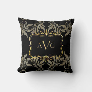 Black Damask with gold frame monogram Cushion