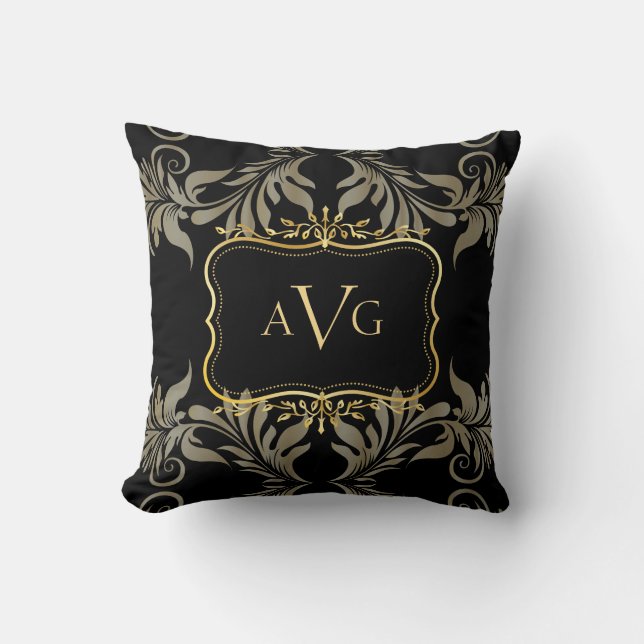 Black Damask with gold frame monogram Cushion (Front)