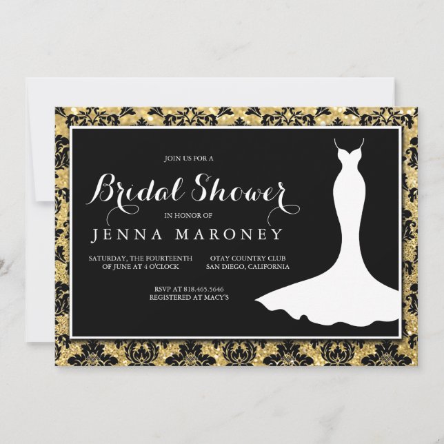 Black Damask with Gold Glitter Bridal Shower Invitation (Front)