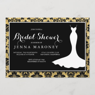 Black Damask with Gold Glitter Bridal Shower Invitation