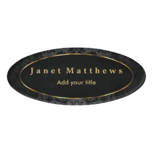Black Damask with Gold Trim Design Name Tag