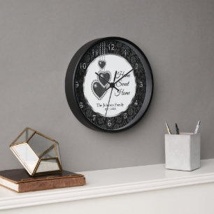 Black Damask with Hearts - Home Sweet Home Clock