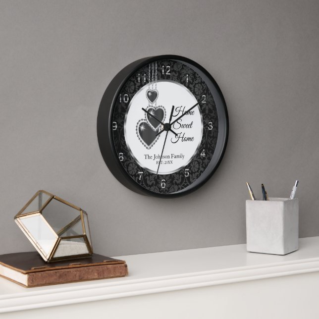 Black Damask with Hearts - Home Sweet Home Clock (Office)