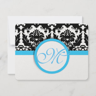 Black Damask With Light Bright Aqua Blue Wedding RSVP Card