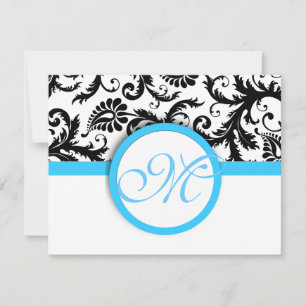 Black Damask With Light Bright Aqua Blue Wedding RSVP Card