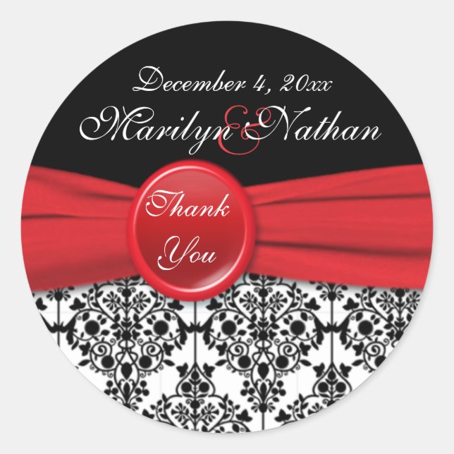 Black Damask with Poppy Red 3" Round Sticker (Front)