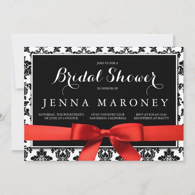 Black Damask with Red Ribbon Bridal Shower Invitation (Front)