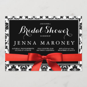 Black Damask with Red Ribbon Bridal Shower Invitation