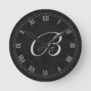 Black Damask with Roman Numerals and Monogram Round Clock