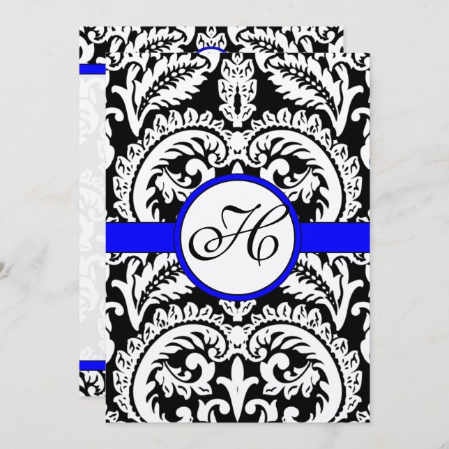 Black Damask with Royal Blue  Wedding Invitations (Front/Back)
