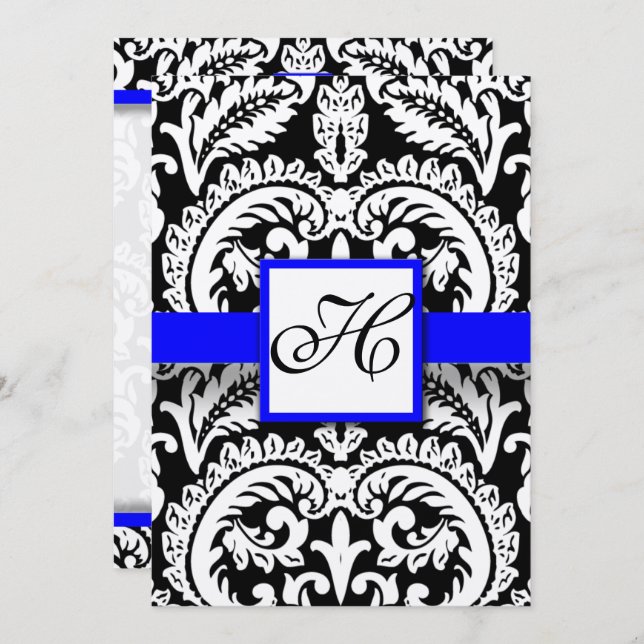 Black Damask with Royal Blue  Wedding Invitations (Front/Back)