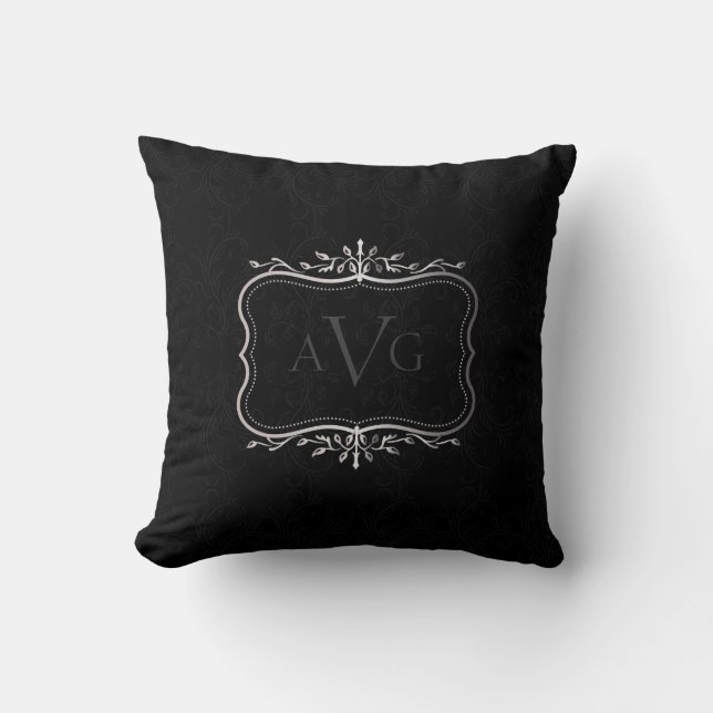 Black Damask with silver frame monogram Cushion (Front)