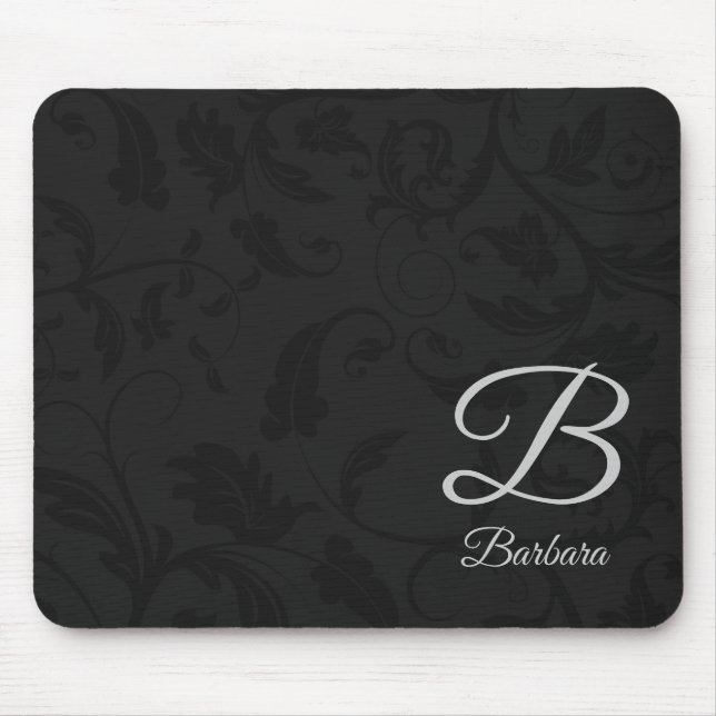 Black Damask with Silver Monogram Mouse Pad (Front)