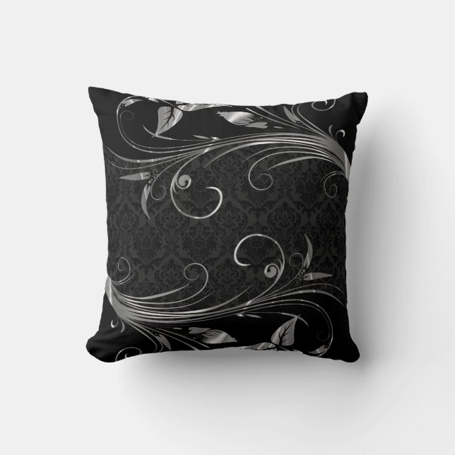 Black Damasks And Metallic Silver Floral Swirls Cushion (Front)