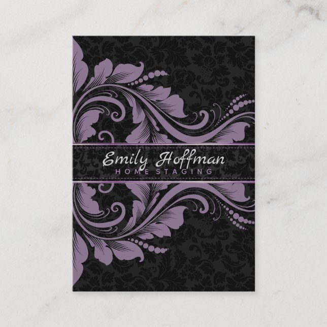 Black Damasks And Purple Ornament Business Card (Front)