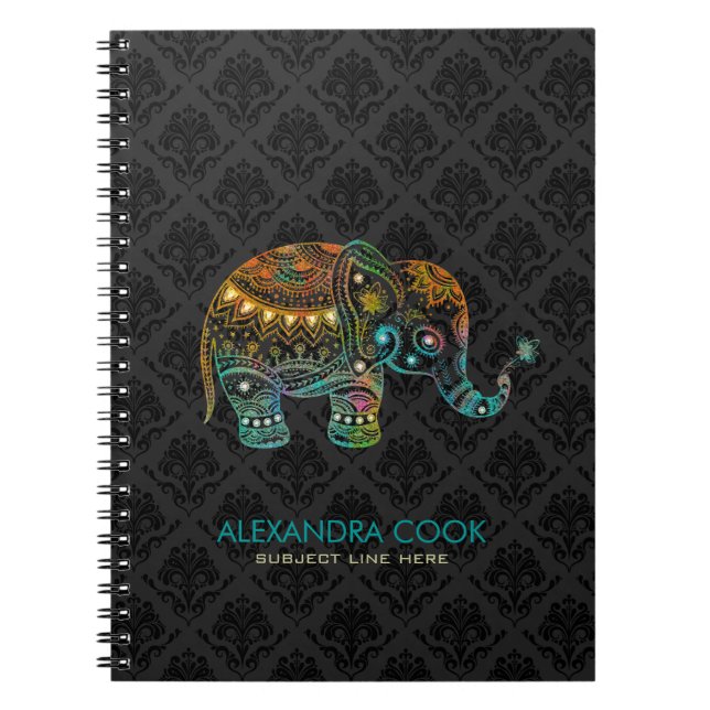 Black Damasks Colourful Floral Elephant 2 Notebook (Front)
