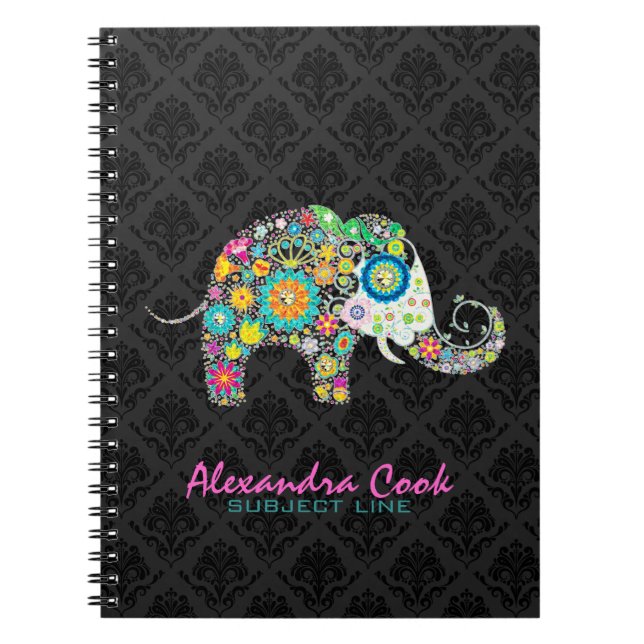 Black Damasks Colourful Floral Elephant Notebook (Front)