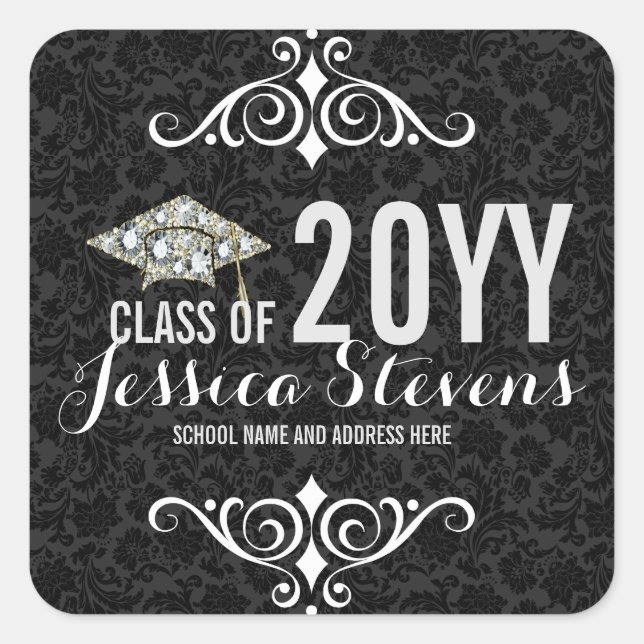 Black Damasks Faux Damions Graduation Hat 2b Square Sticker (Front)